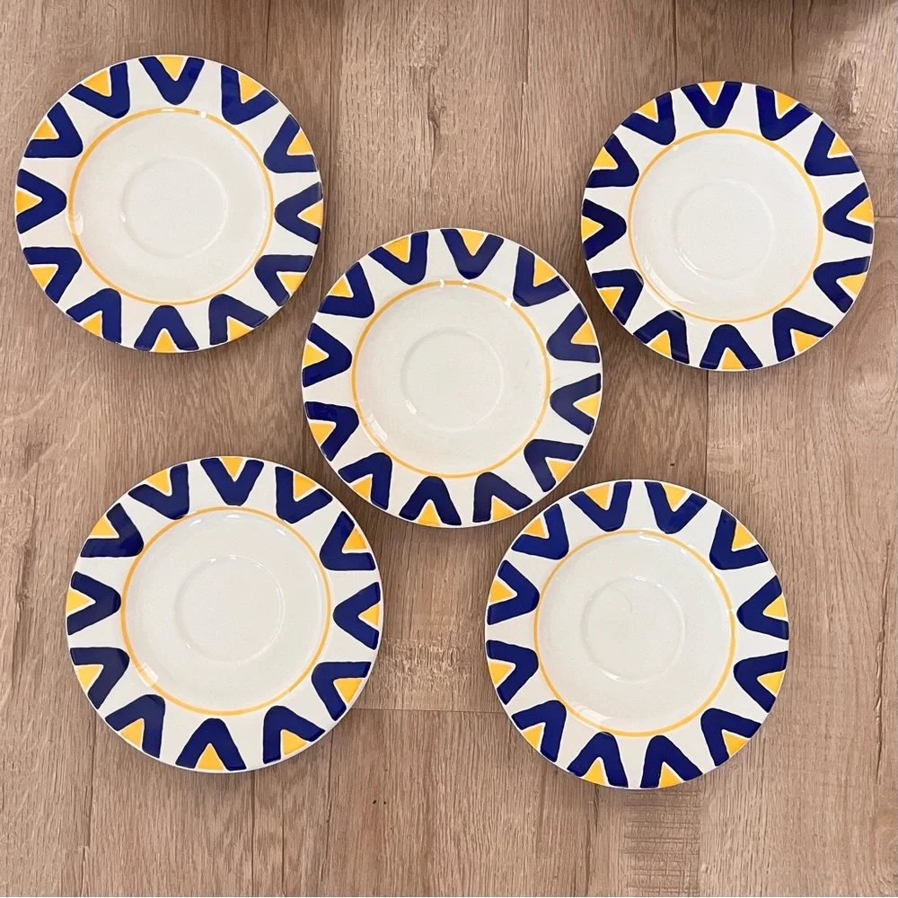 Rare‎ 5 PCs Italian Mid-Century Blue Yellow Geometric Saucers By Lillian Vernon